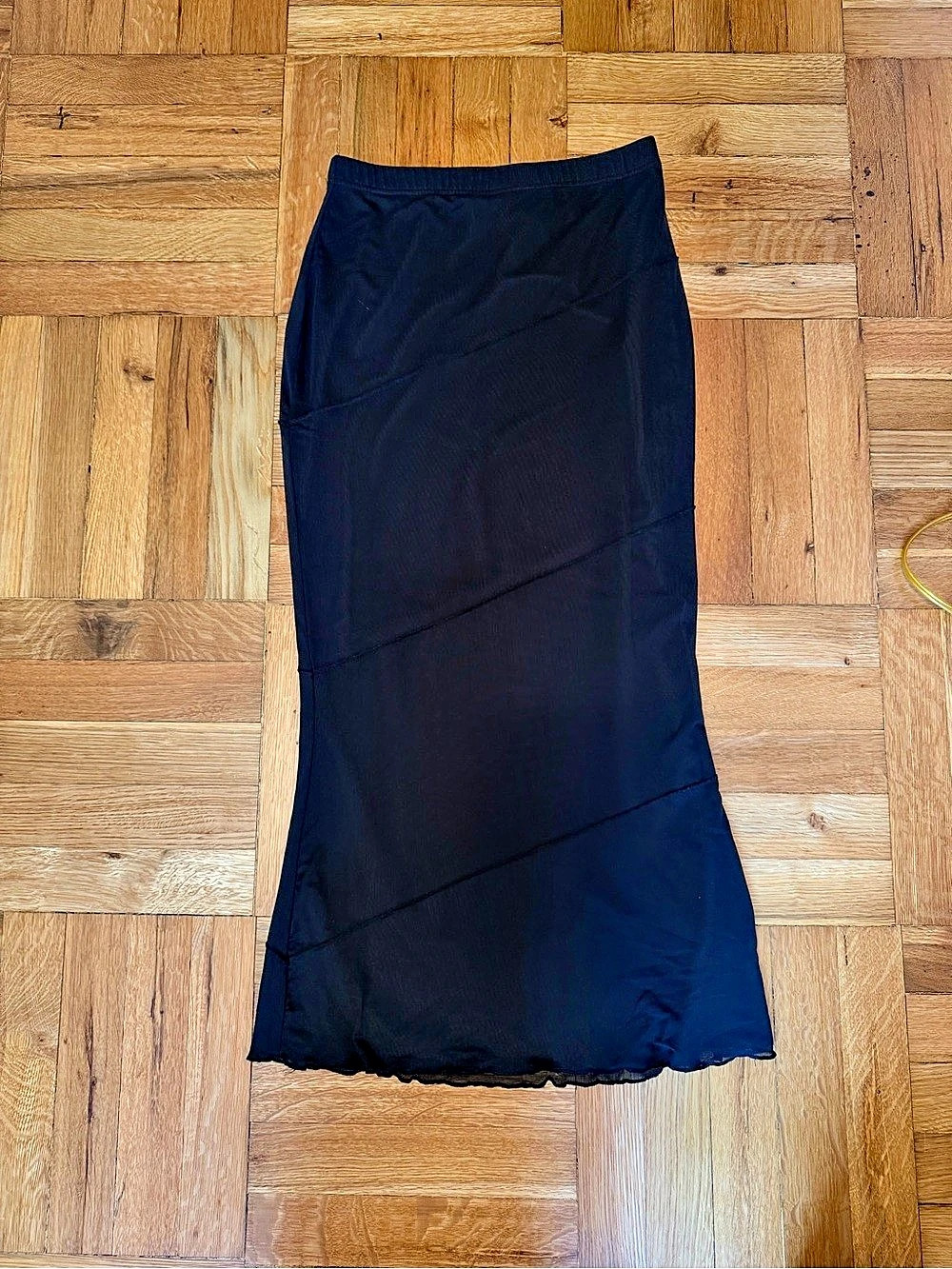 Black Mesh Midi Skirt with Diagonal Seam Detail